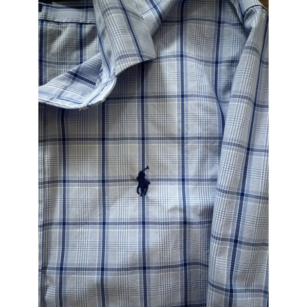 Polo Ralph Lauren Shirt Men 15.5 32/33 Blue Plaid Slim Fit Easy Care Long Sleeve